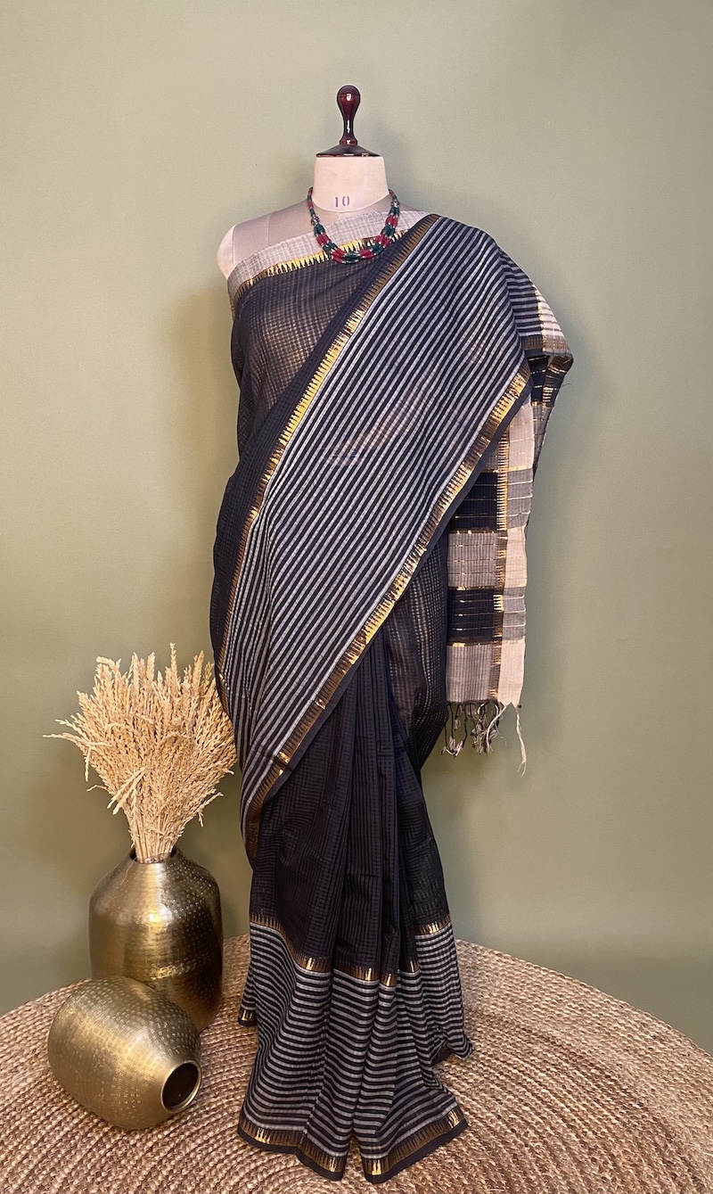 Navy Blue & Orange Kanchipuram Korvai Silk Cotton Saree - Sri Arya Silks